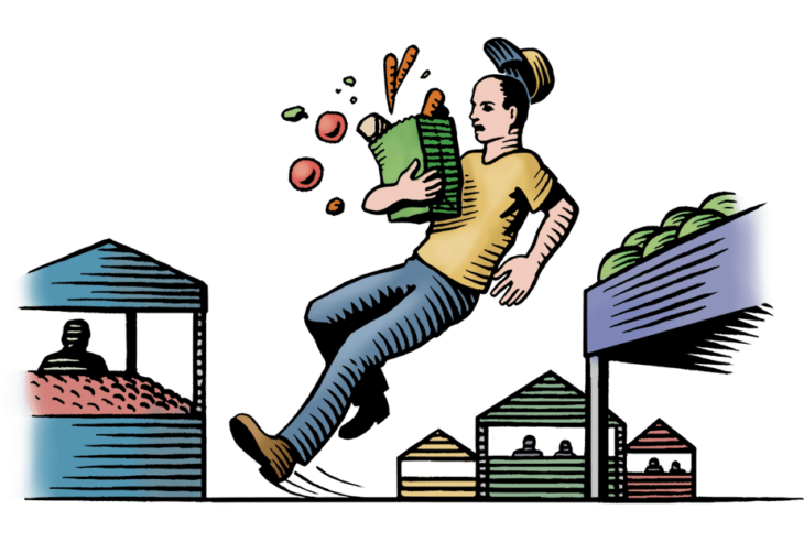 An illustration of a shopper at a market holding a bag of groceries while slipping and falling.
