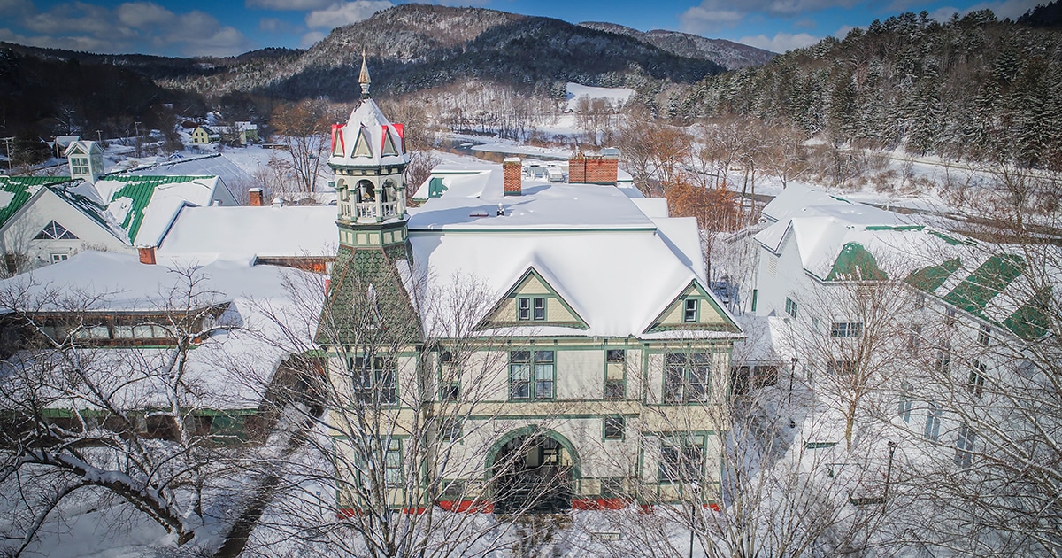 Debevoise Hall in the snow.